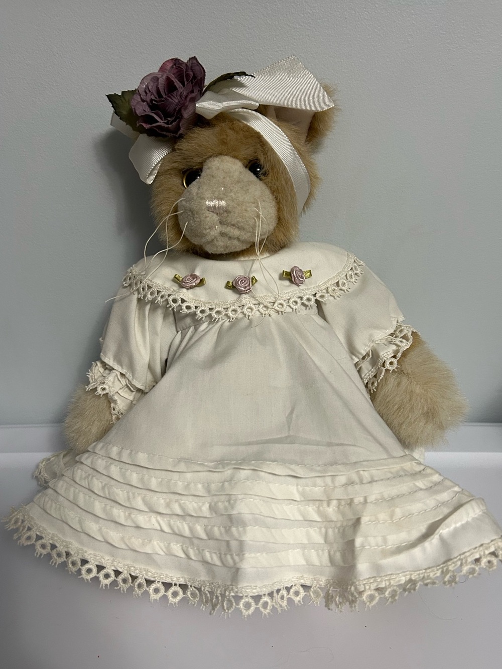 Bearington Plush Cat Stuffed Animal in Cream Dress with Lavender Flower